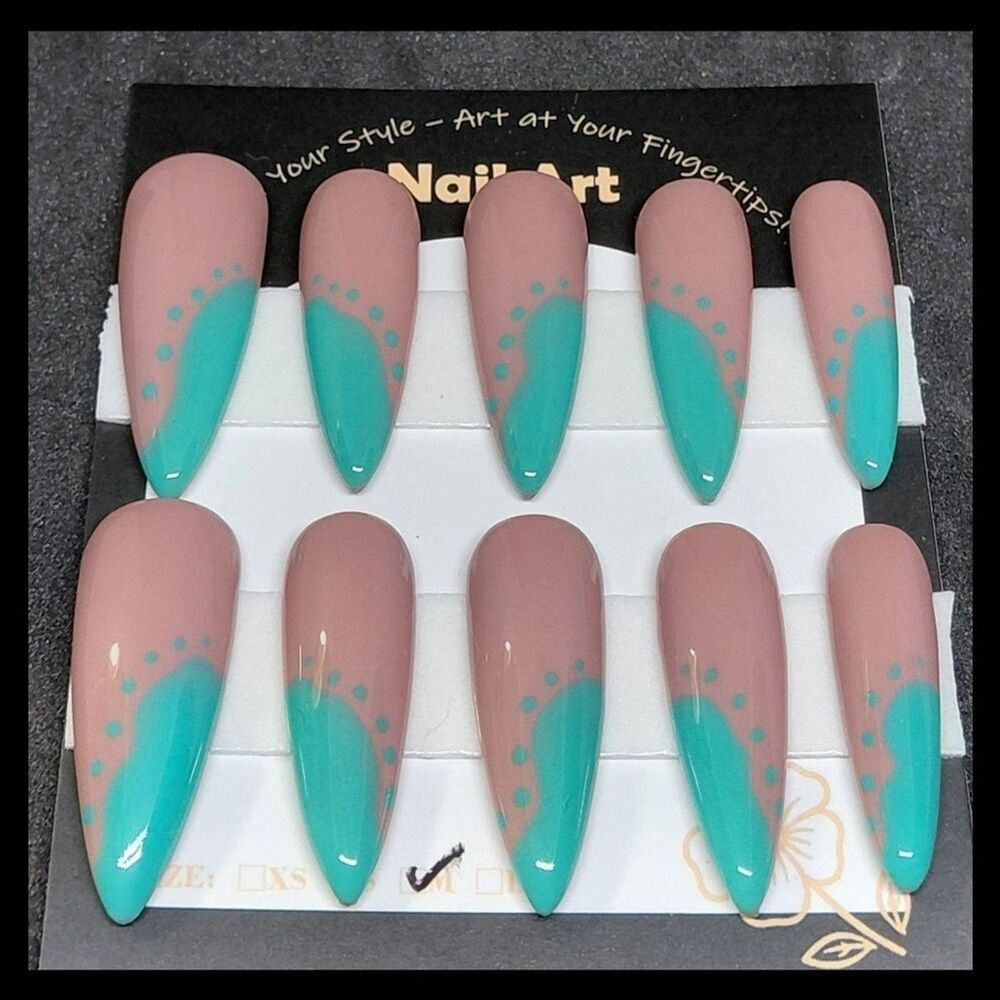 4/$40 ***Summer Sale***Stylish Nude and Teal Handmade Press on Nails